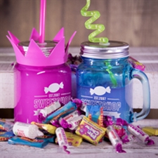 Pink and blue retro sweet jars with sweet selection
